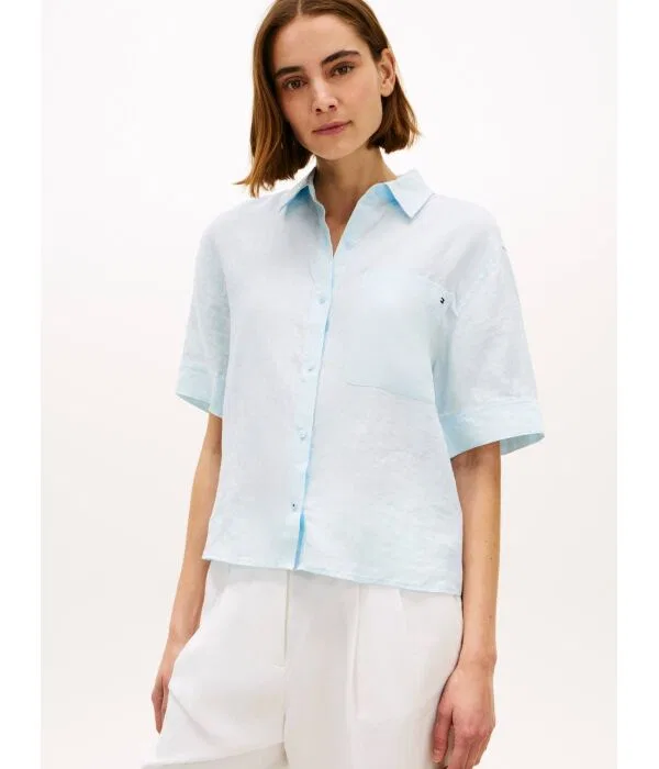 Женская рубашка из льна с коротким рукавом Tommy Hilfiger, Azzurro