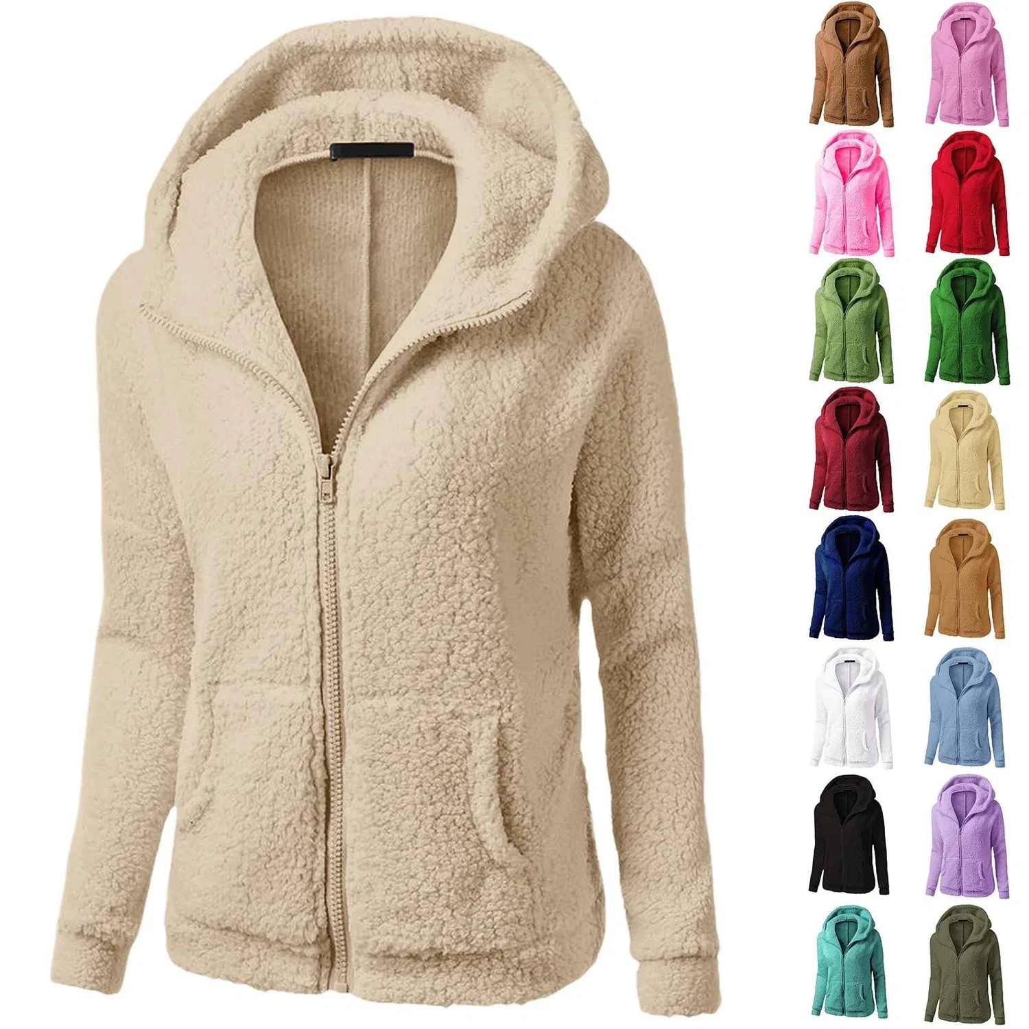 Женская куртка с капюшоном из флиса с молнией, с принтом, Oversize, Marrone
