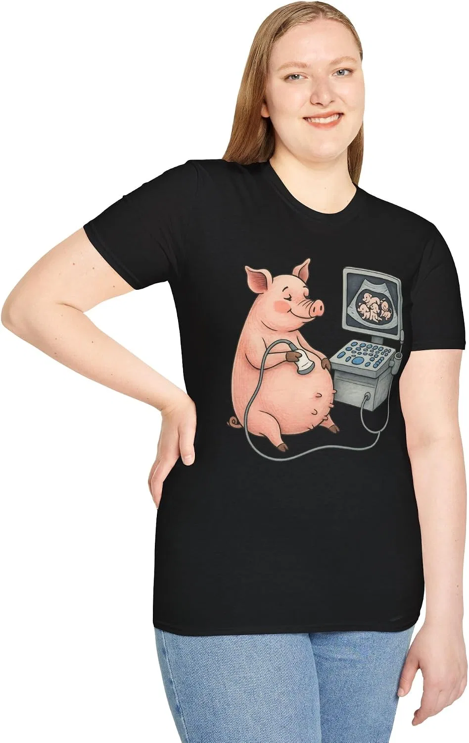 Женская футболка с принтом Pregnant Pig Ultrasound Shirt, чёрный — фото 3