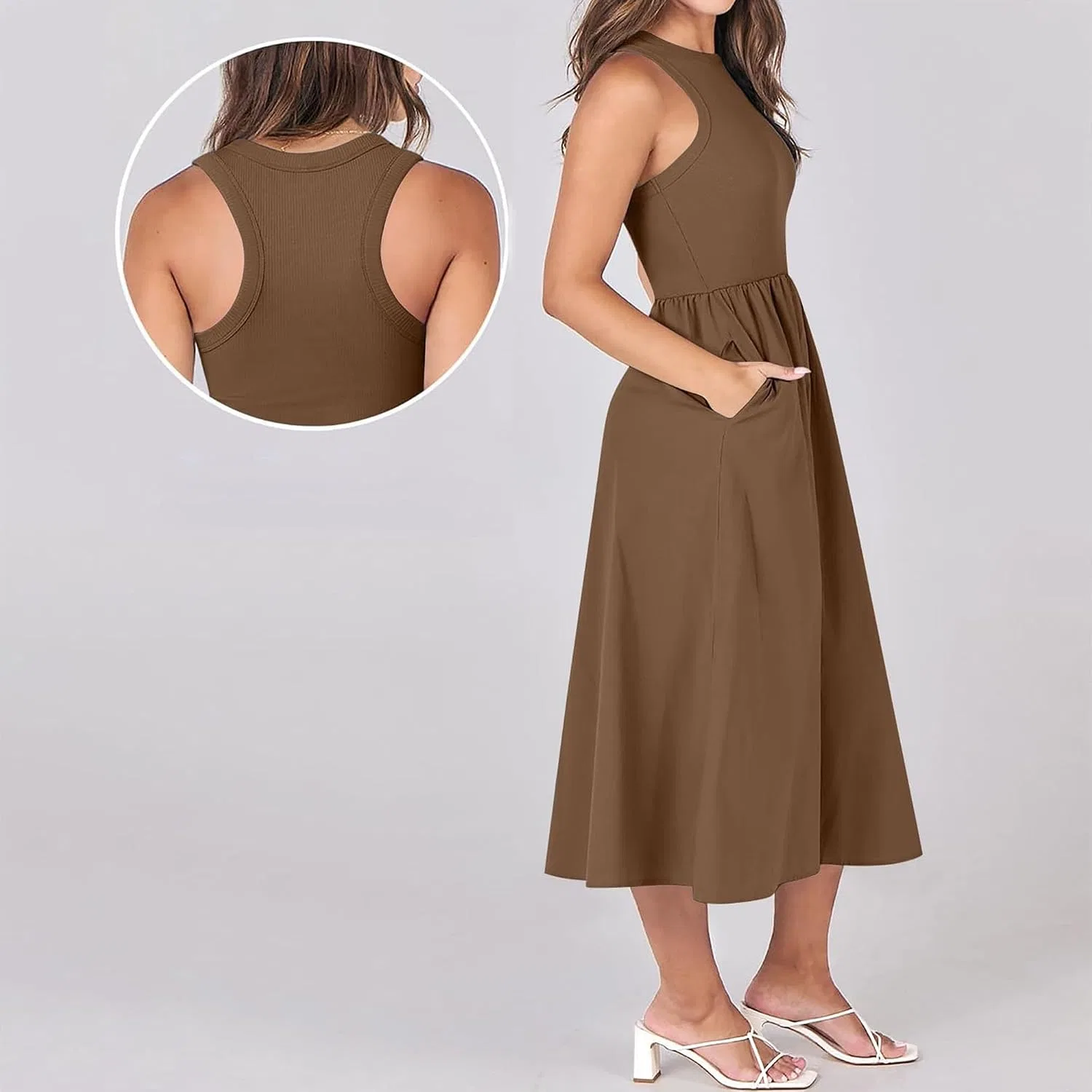 Женское летнее платье миди без рукавов с панелями, Khaki — фото 2