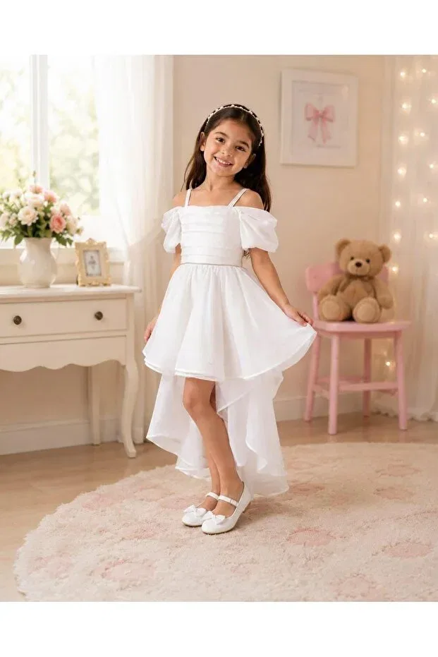 Детское платье для девочек с принтом Alya white sleeves with detail, straps and trail Alya Butik, White — фото 2