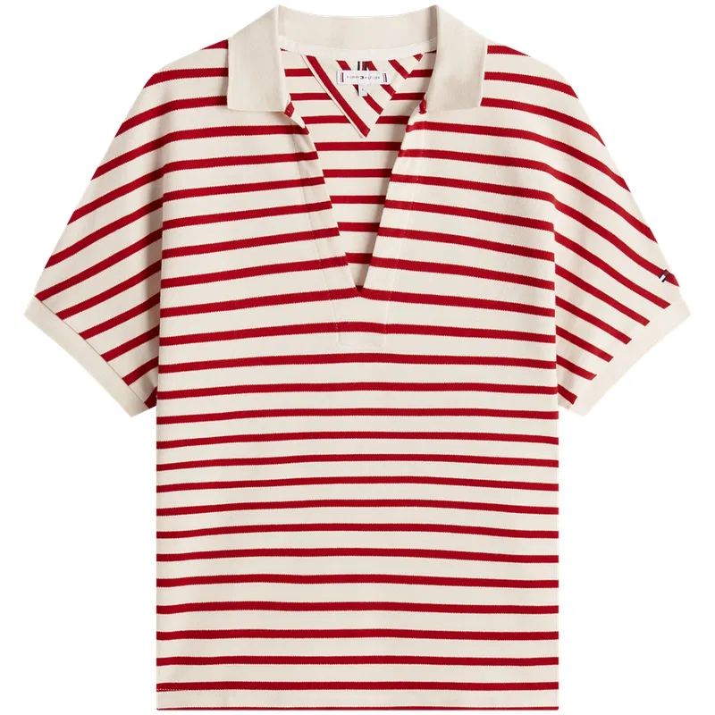 Женская футболка-поло с v-образным вырезом Tommy Hilfiger, Red White Stripes