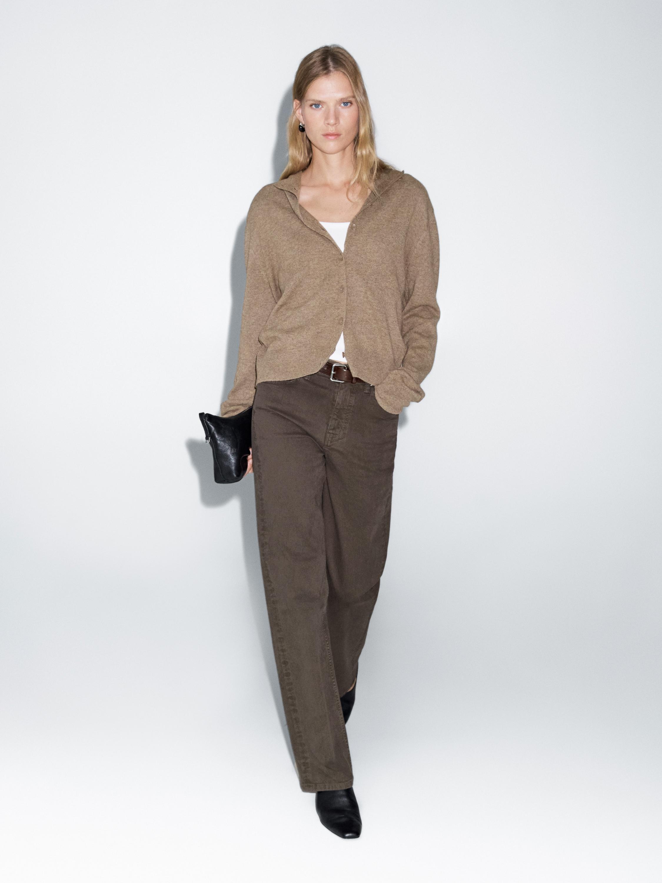 

100% шерсть, вязаный кардиган с высоким воротом Massimo Dutti, Greenish