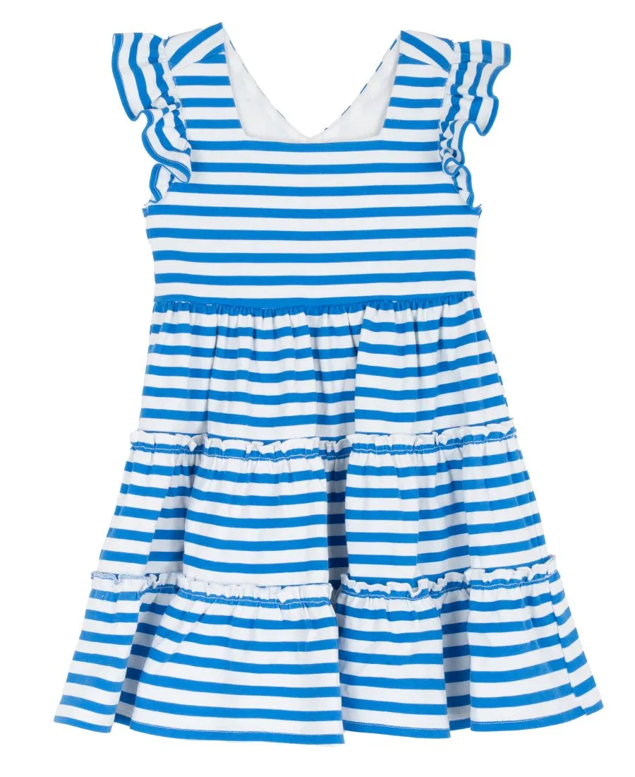 Платье из джерси с рукавами-воланами и ярусной юбкой, модель Girls' 2T-6X Jersey Knit Stripe Flutter Sleeve Tiered Dress Rare Editions, Blue
