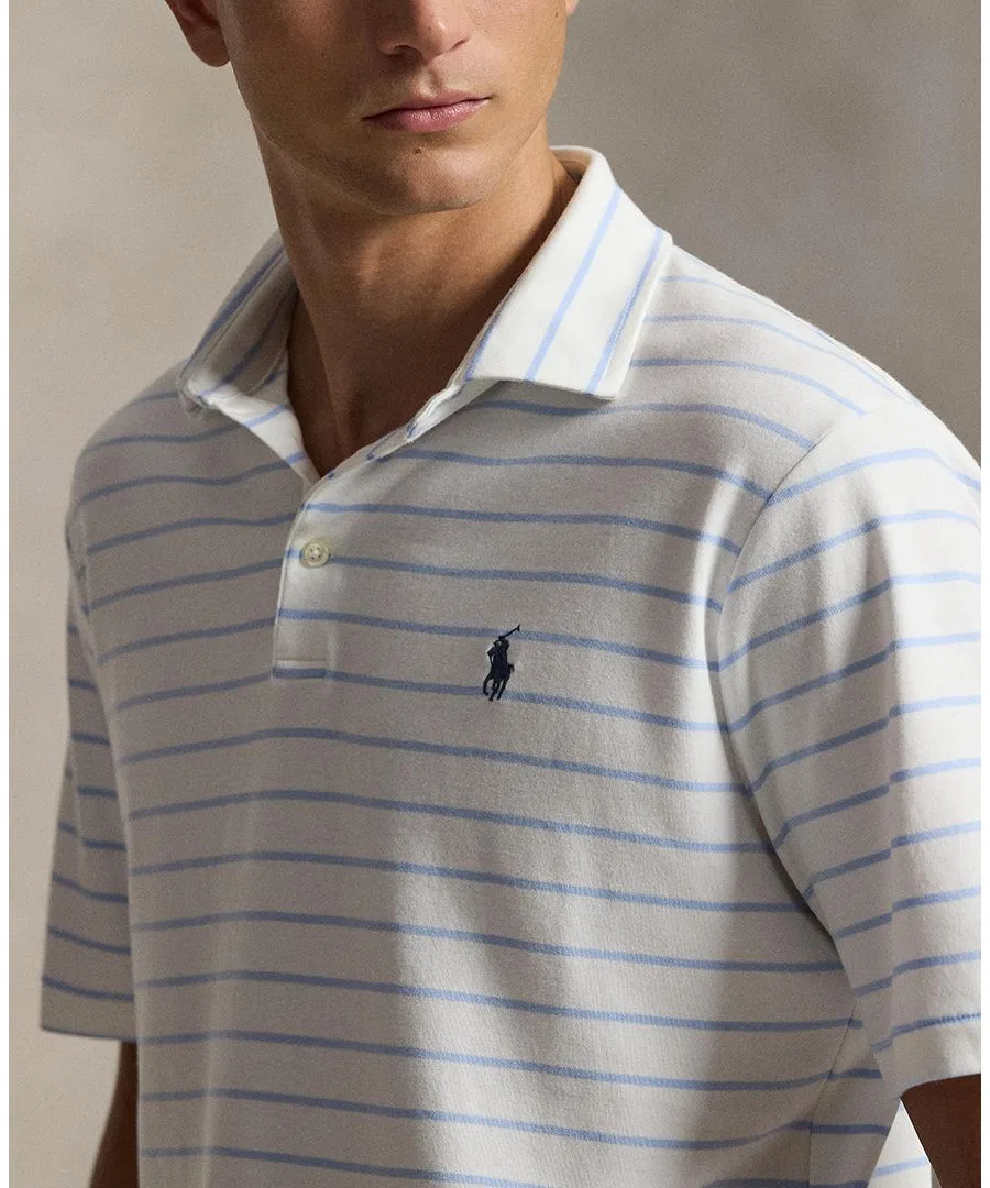 Мужское поло с коротким рукавом хлопковое Classic Striped Soft Cotton Polo Shirt Polo Ralph Lauren, White/Pebble Blue — фото 3