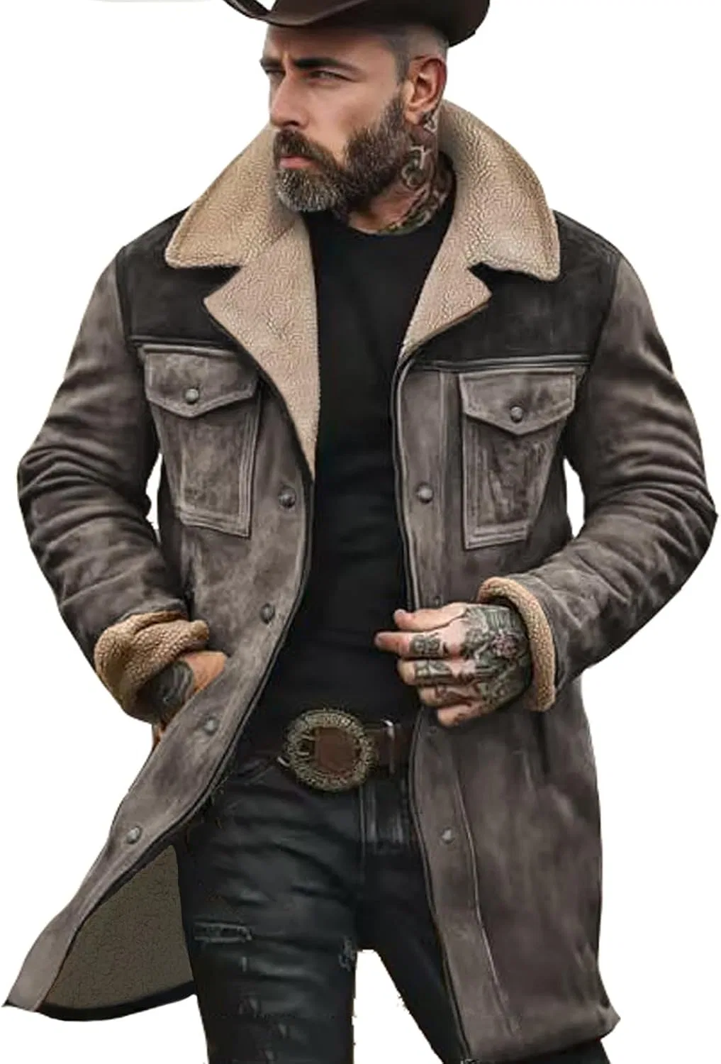 Мужское длинное пальто из искусственной кожи с плюшевым воротником, Western