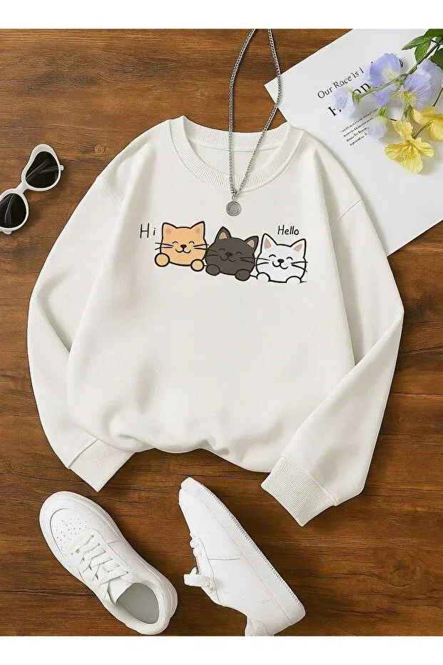Детские свитшот с принтом 3 Yarn Combed Cotton Hi Hello Cat Printed Benroma, White