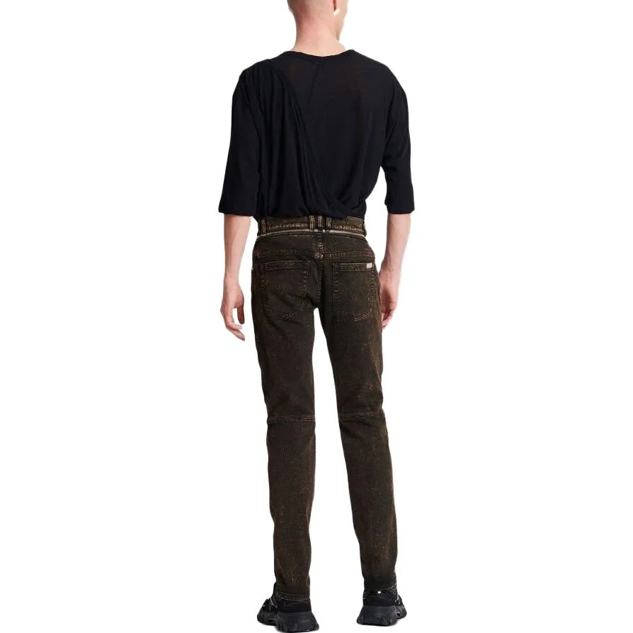 Мужские джинсы прямого кроя с потертостями Faded Denim BALMAIN, Umber — фото 4