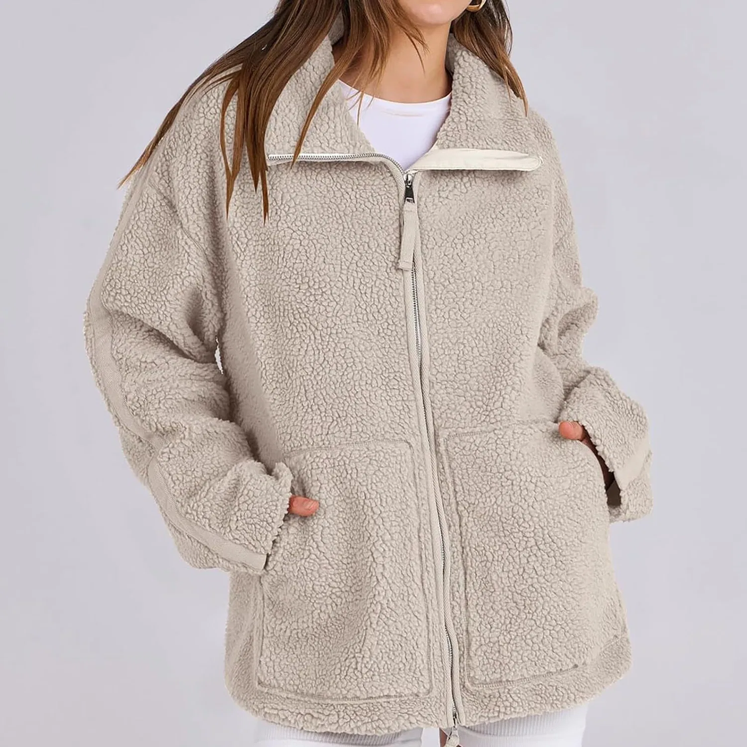 Женское утепленное пальто с флисовой подкладкой и молнией, Beige — фото 2