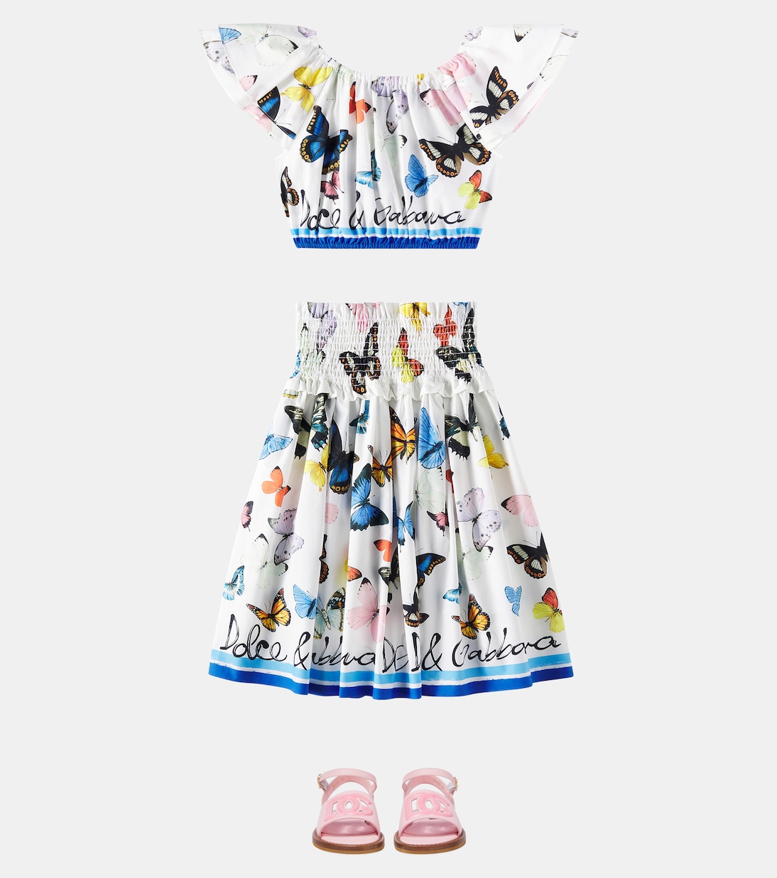 Топ из хлопкового поплина с оборками и принтом Dolce&Gabbana Kids, Farfalle Borod Blu — фото 2