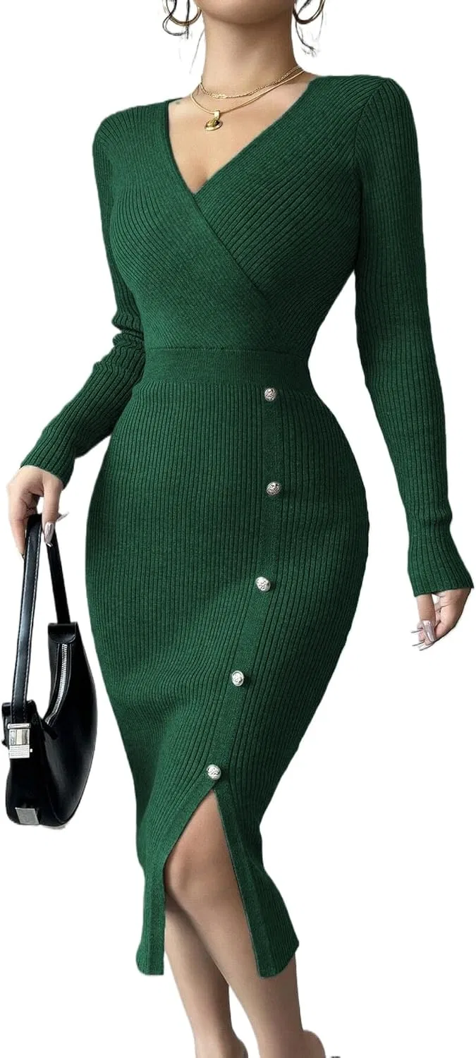 Женское облегающее платье с V-образным вырезом Knit Dress, Green