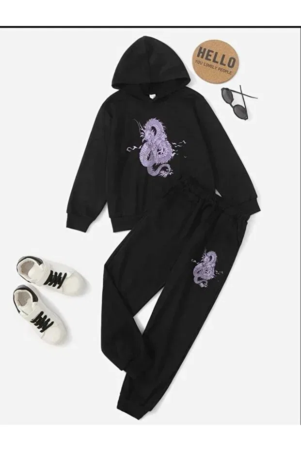 Детский комплект свитшот-брюки с принтом Purple Dragon Printed Hooded Tracksuit Set Novibe, Black