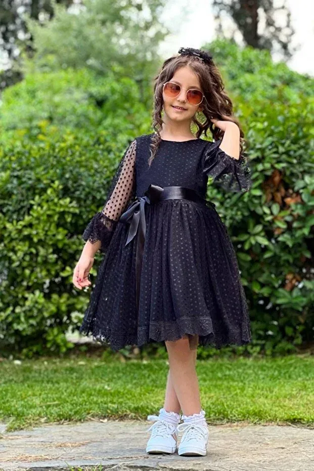 Детское платье для девочек кружевное с длинным рукавом Princess model Abiyekids, Black — фото 4
