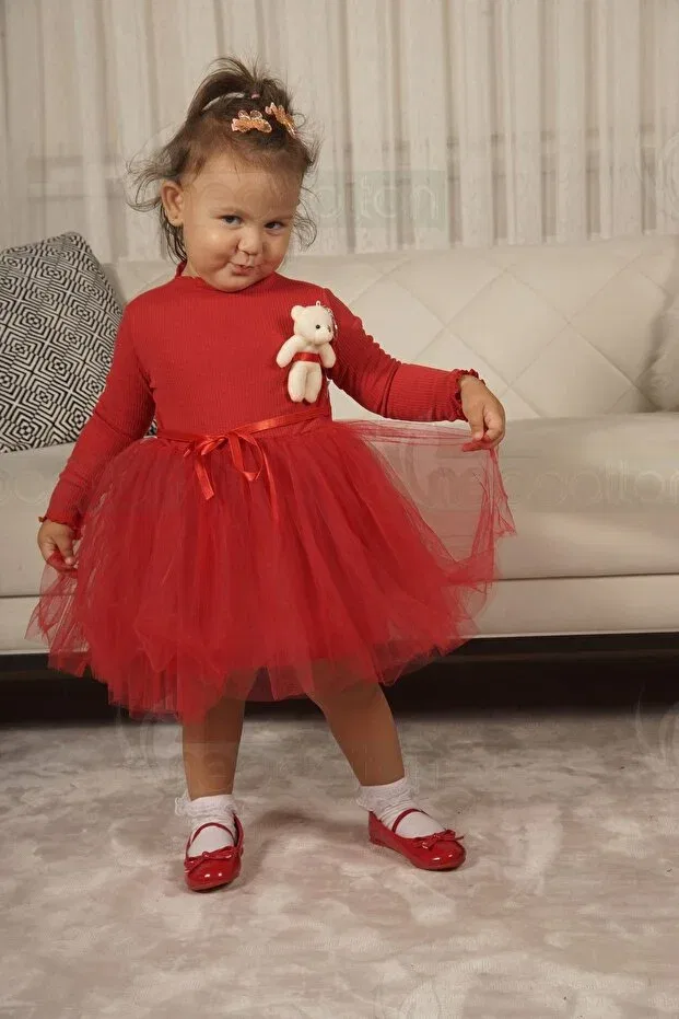 Детское платье для девочек с длинным рукавом Toy Teddy Bear Print Neocotton, Red