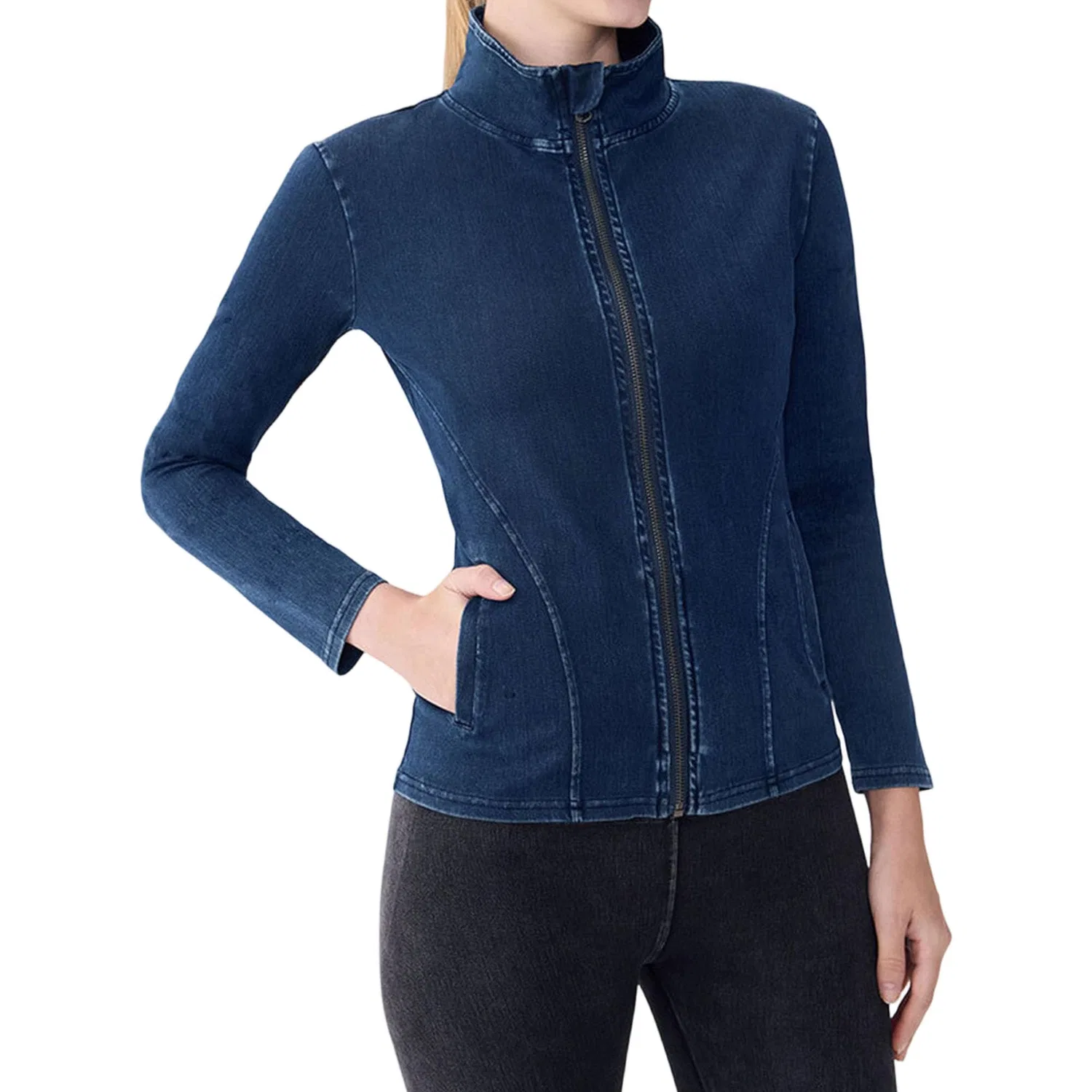 Женская джинсовая куртка slim fit с молнией, Blu scuro