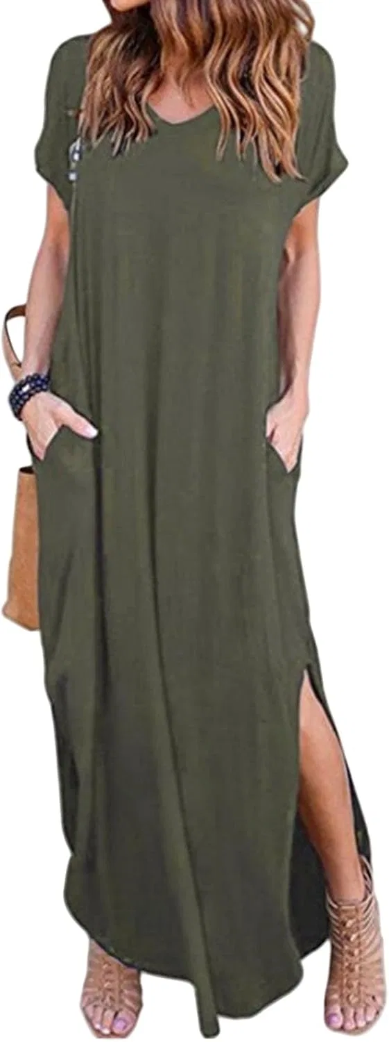 Женское летнее длинное платье-футболка с разрезом, Army Green