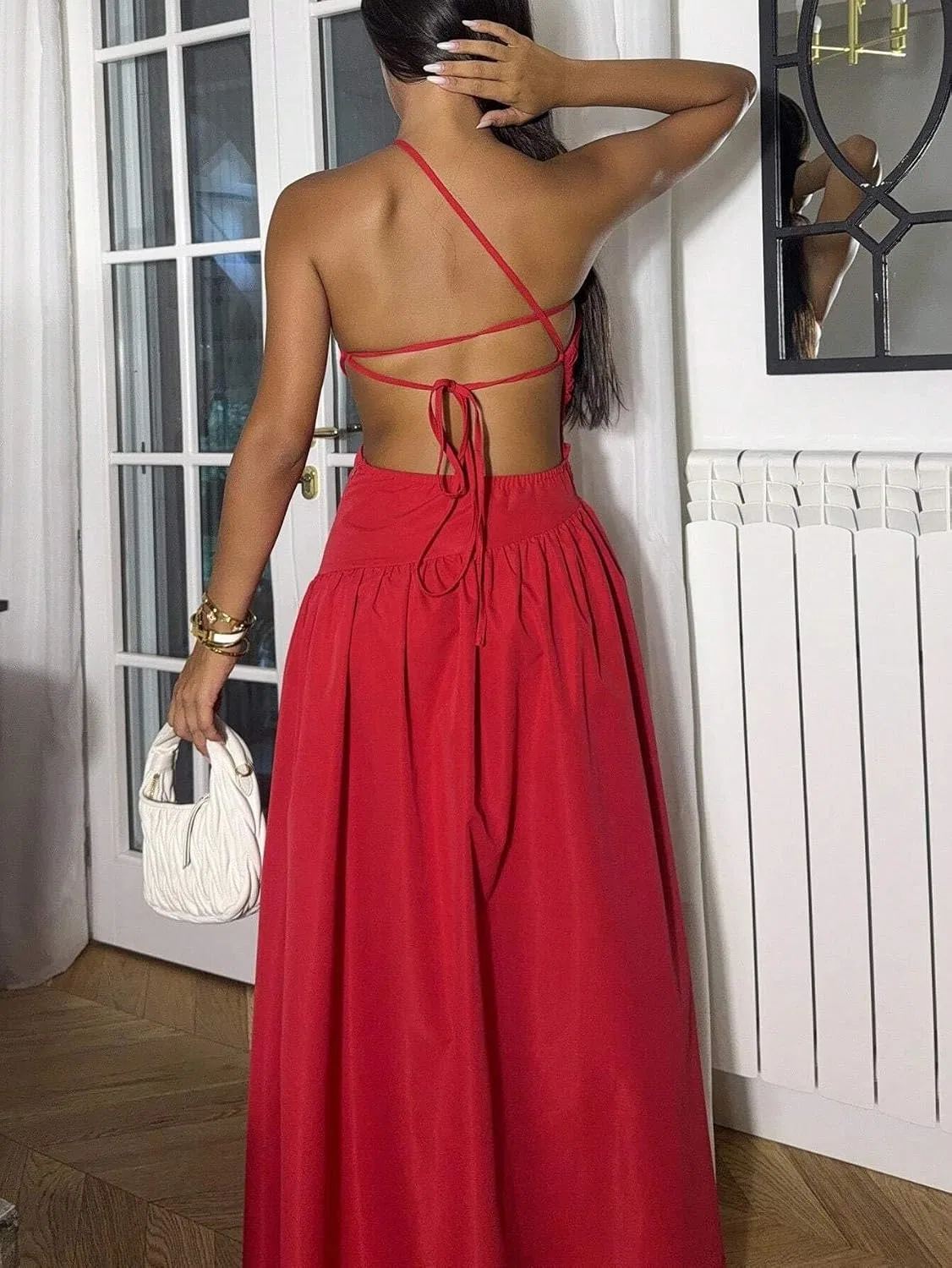 Женское длинное платье на бретельках с вырезом A Line, Red — фото 2