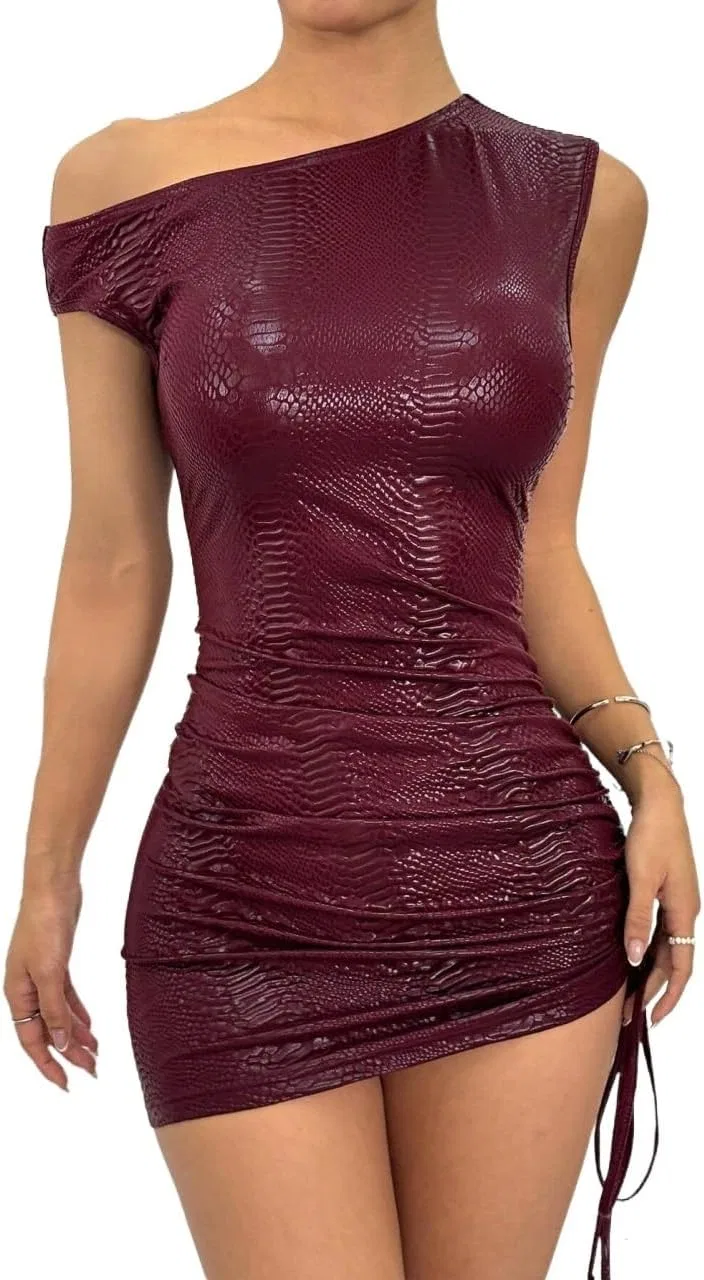Женское повседневное платье с асимметричным вырезом Bodycon, Burgundy