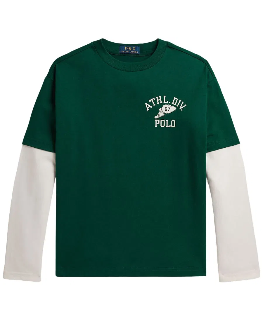 Футболка оверсайз с длинным рукавом и принтом, Layered Effect Polo Ralph Lauren, Hunter Green