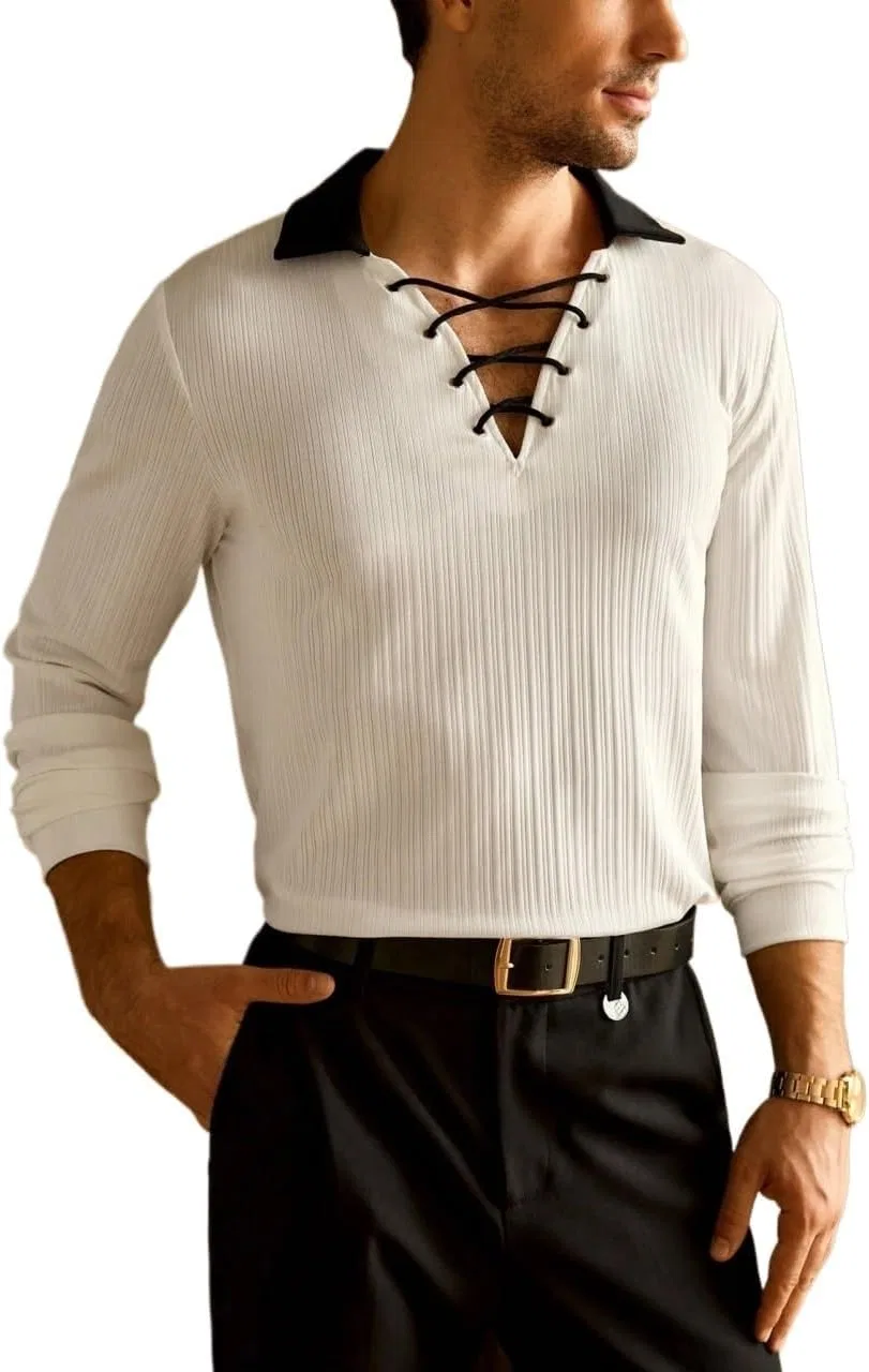Мужская футболка с v-образным вырезом и завязками Raglan Long Sleeve, White