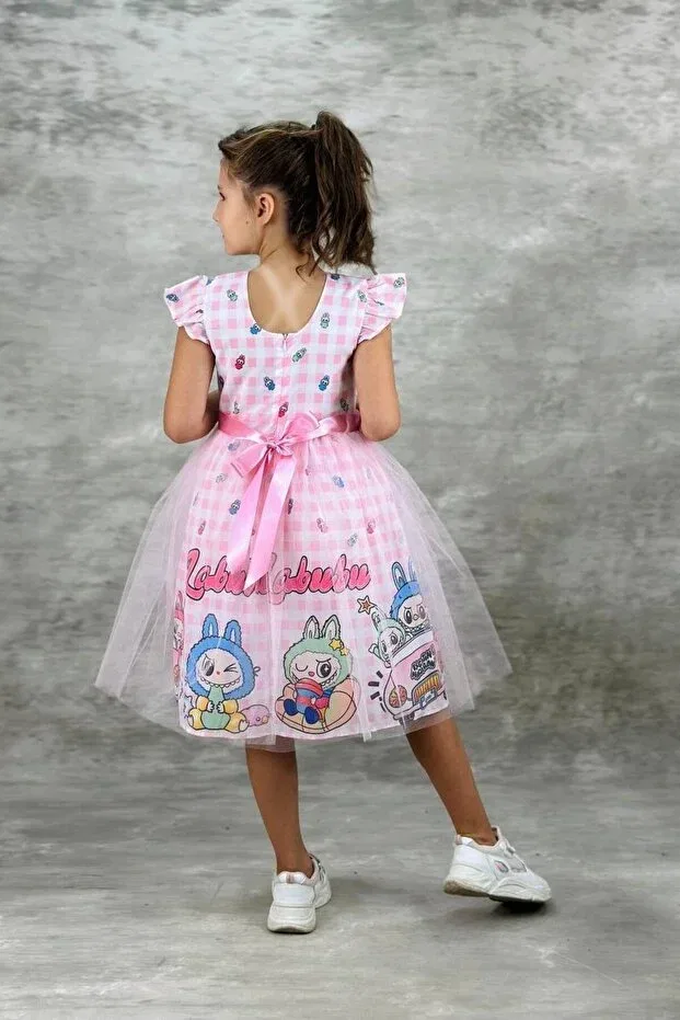 Детское платье для девочек с принтом Labubu Character Tulle Detailed Children's Dress Abiyekids, Labupembe — фото 2