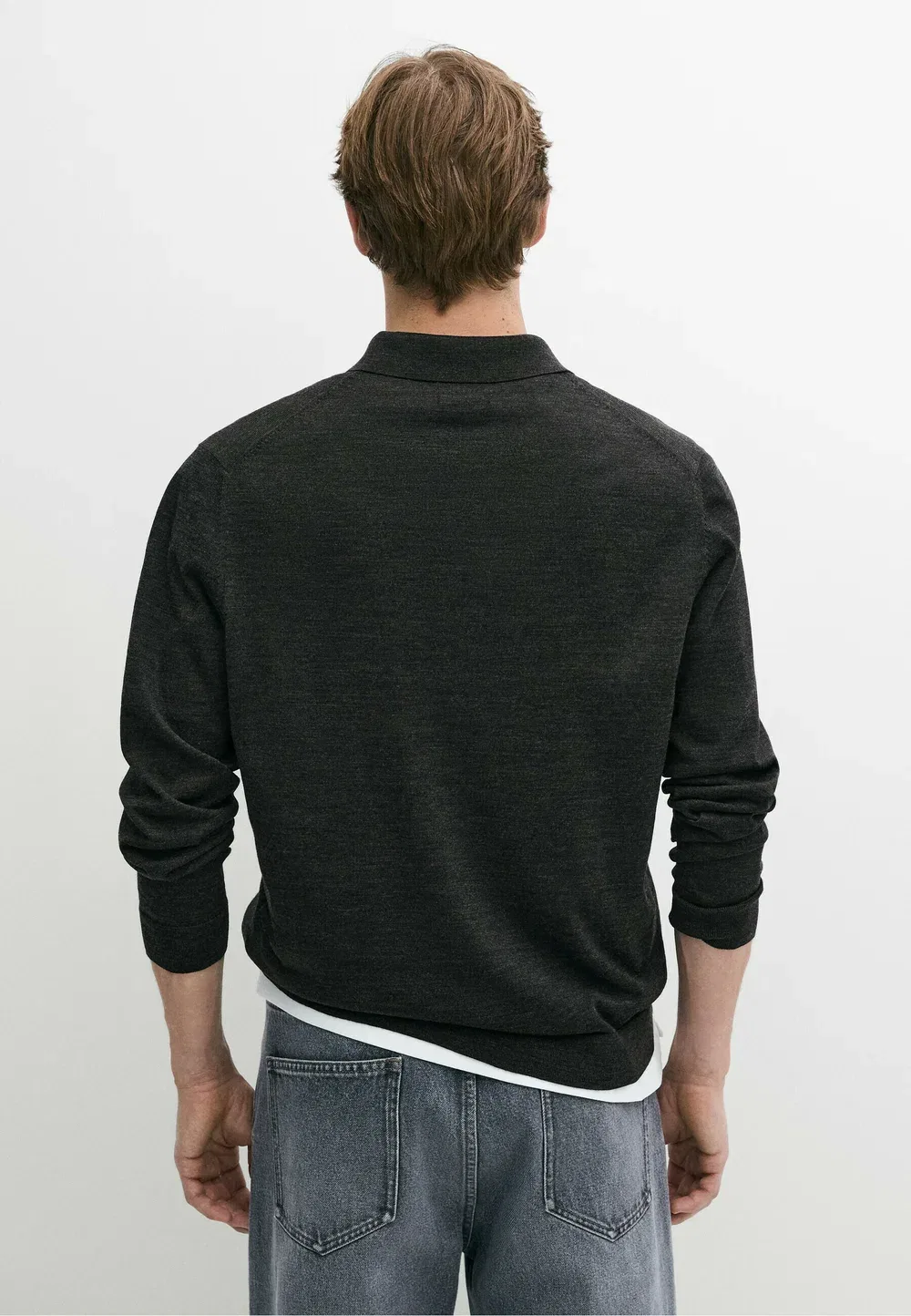 Вязаный поло-свитер из 100% мериносовой шерсти - рубашка поло Massimo Dutti, Dark Grey — фото 3