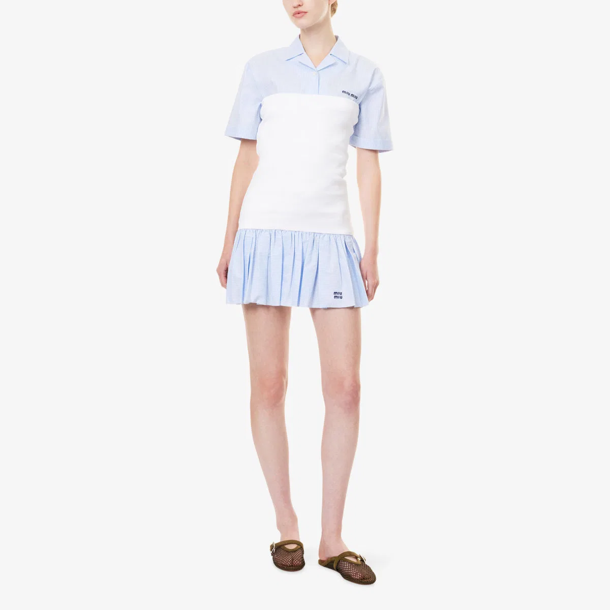 Мини-юбка из эластичного хлопка в клетку с вышитым логотипом Miu Miu — фото 2