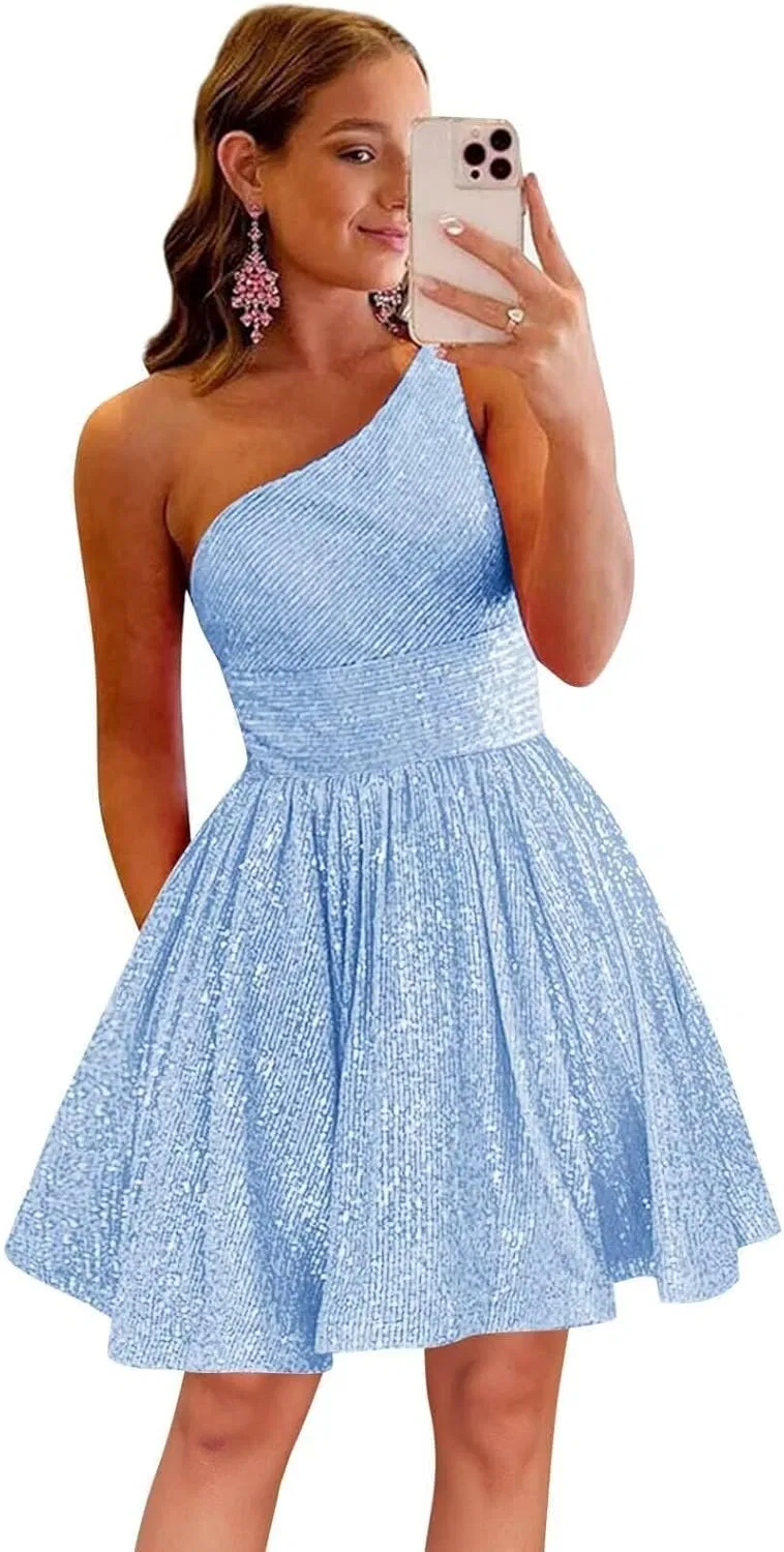Женское коктейльное платье с одним плечом A-line, Light Blue