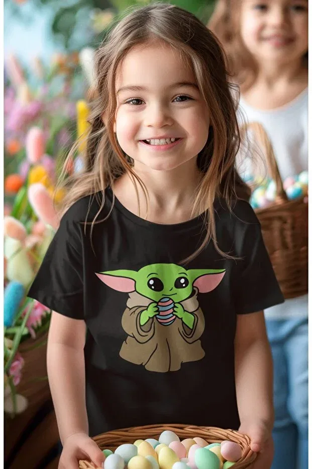 Детская футболка для девочек с принтом Baby Yoda Printed Kids T-Shirt Fuddy Moda, Black
