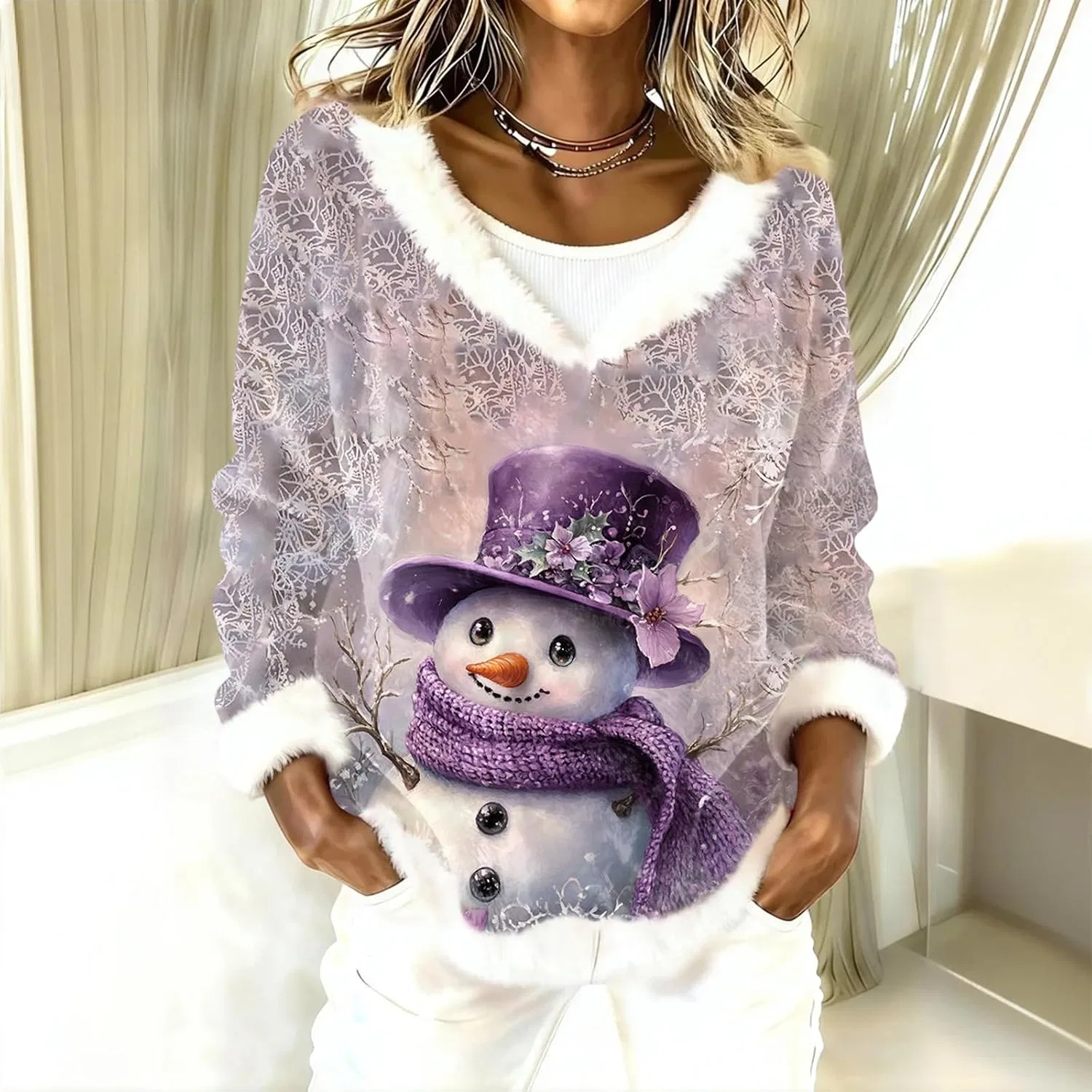 Женский свитшот с длинным рукавом Faux Fur Trim, фиолетовый — фото 3