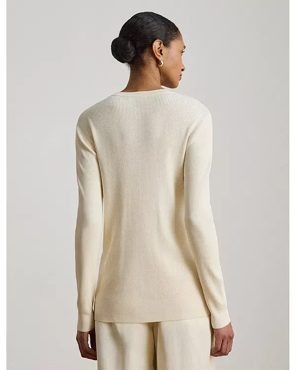 Женский кардиган с V-образным вырезом с длинным рукавом Ribbed v neck cardigan Ralph Lauren, Winter Cream — фото 3