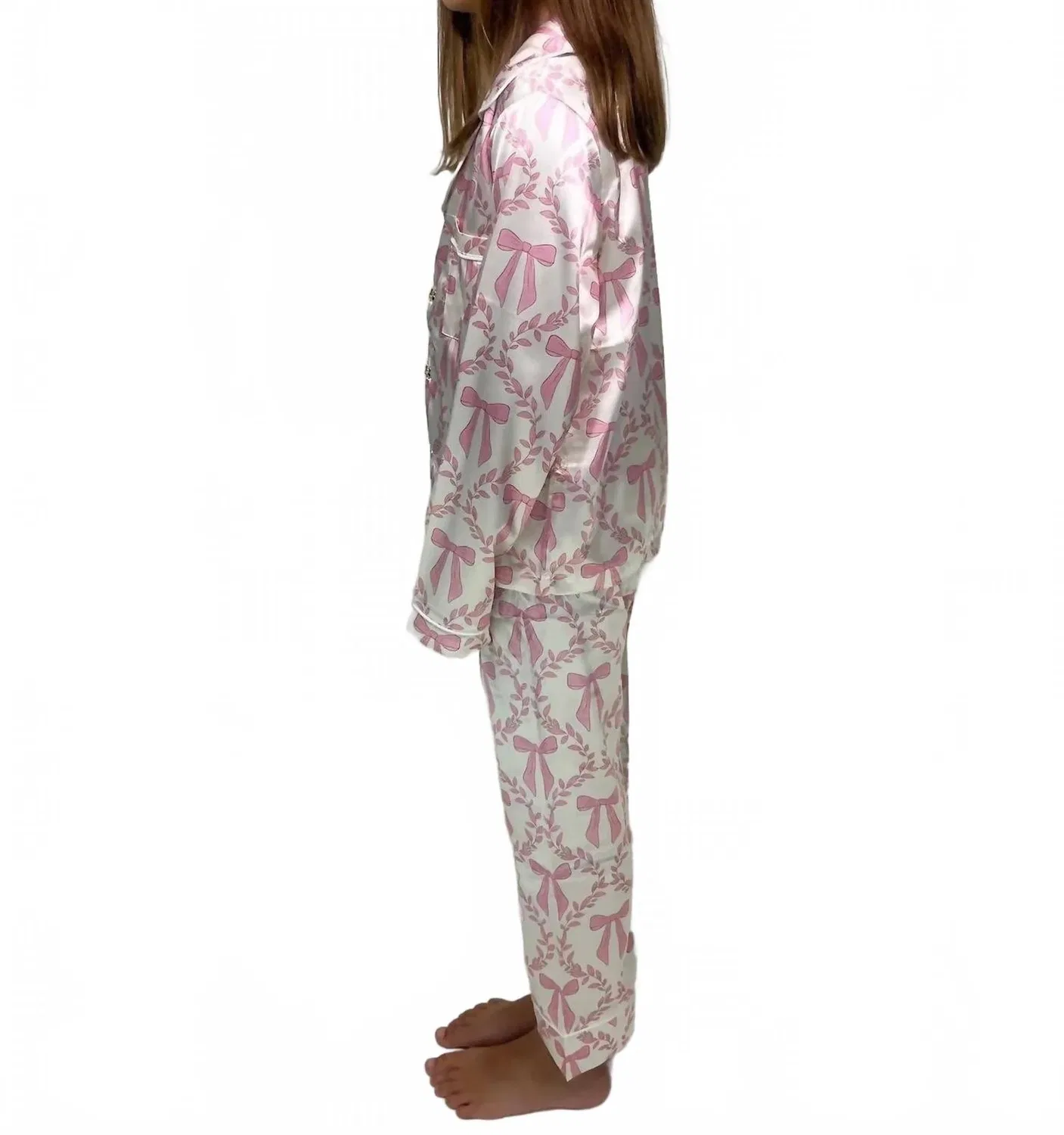 Детский пижамный комплект с бантом и цветочным принтом Bow Silky Set Mini Dreamers, розовый — фото 2