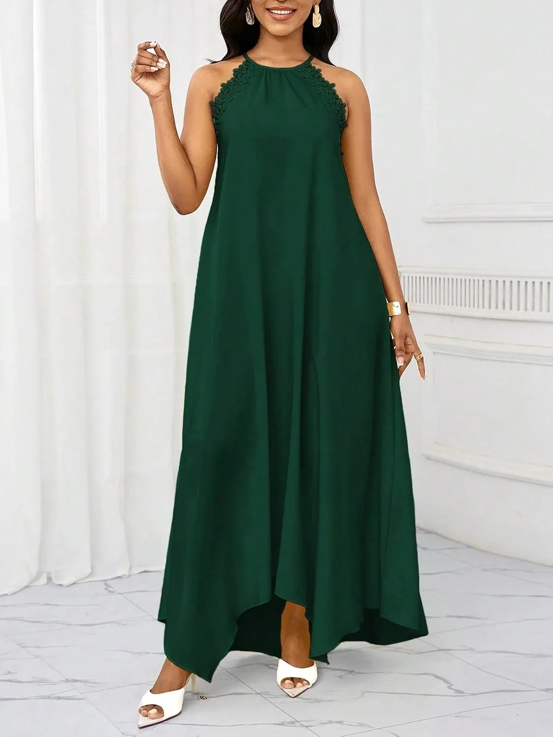 Женское макси-платье на бретелях с кружевом, Dark Green — фото 3