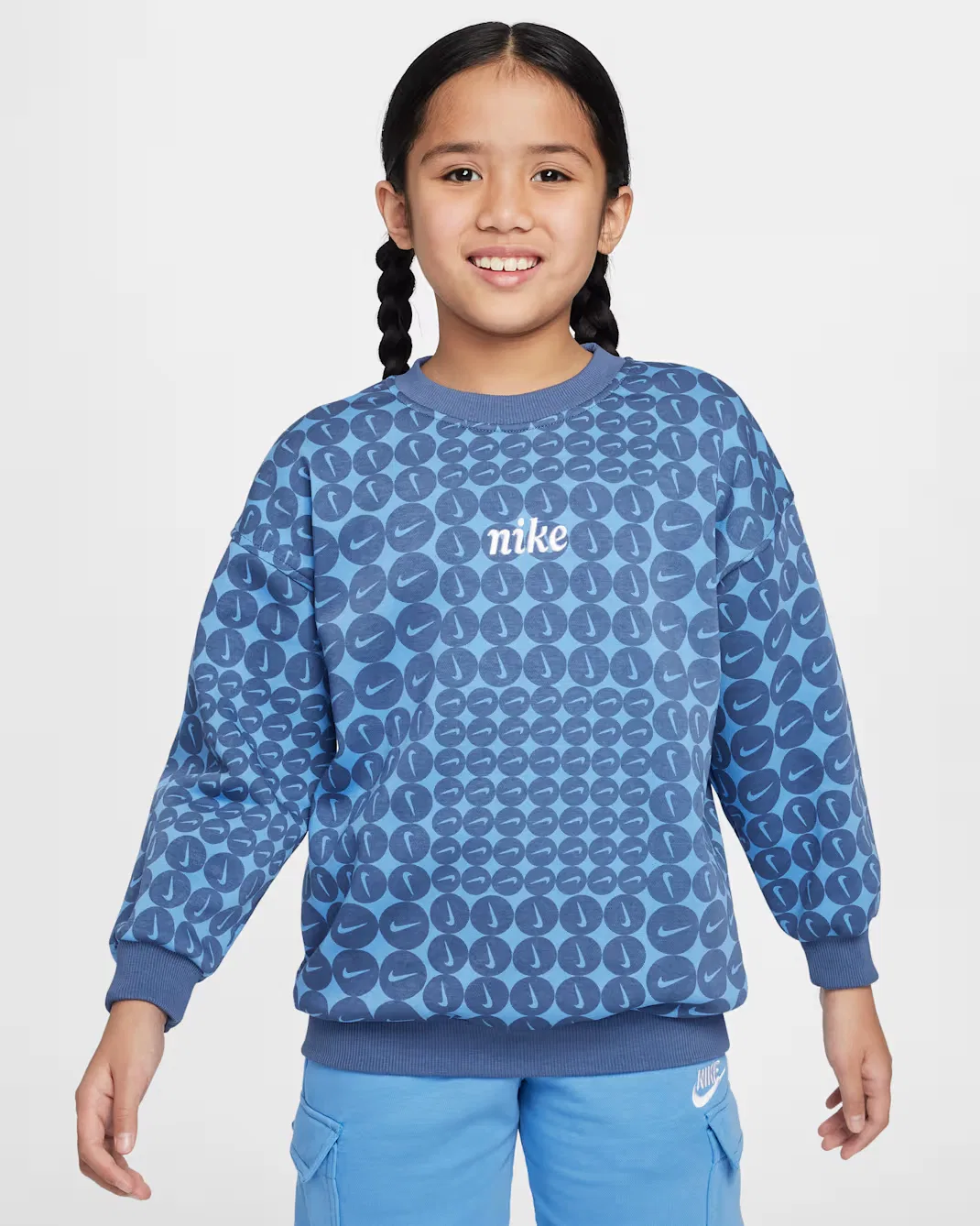 Детская толстовка оверсайз с круглым вырезом для девочек (подростков) Nike Sportswear Club Fleece, Diffused Blue/White