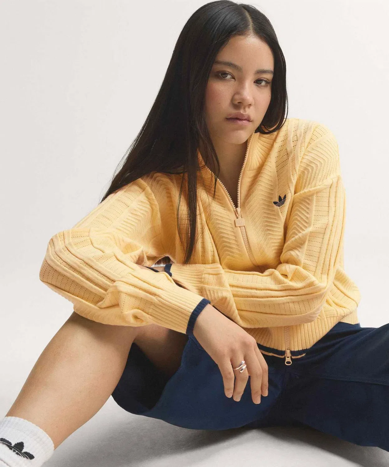 Женский лонгслив с воротником и молнией Firebird Cable Knit Track Top Adidas, Light Yellow — фото 3