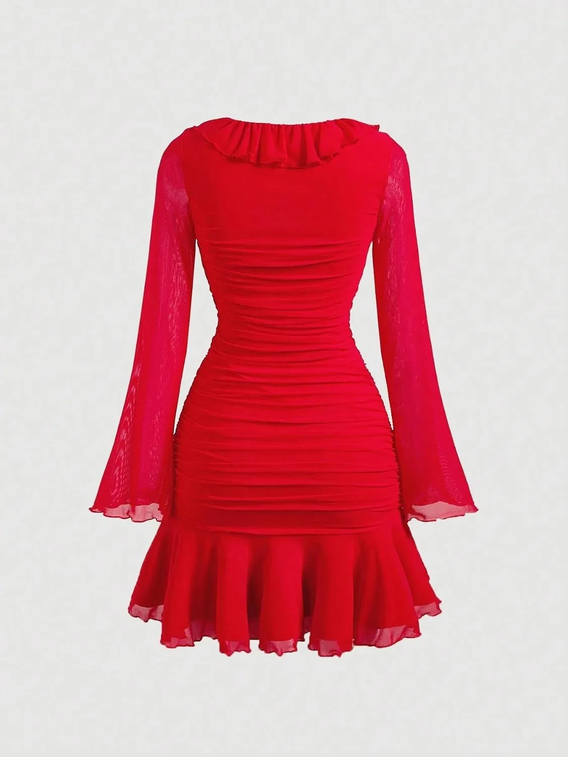 Женское облегающее платье с воротником V и рюшами, Red — фото 4
