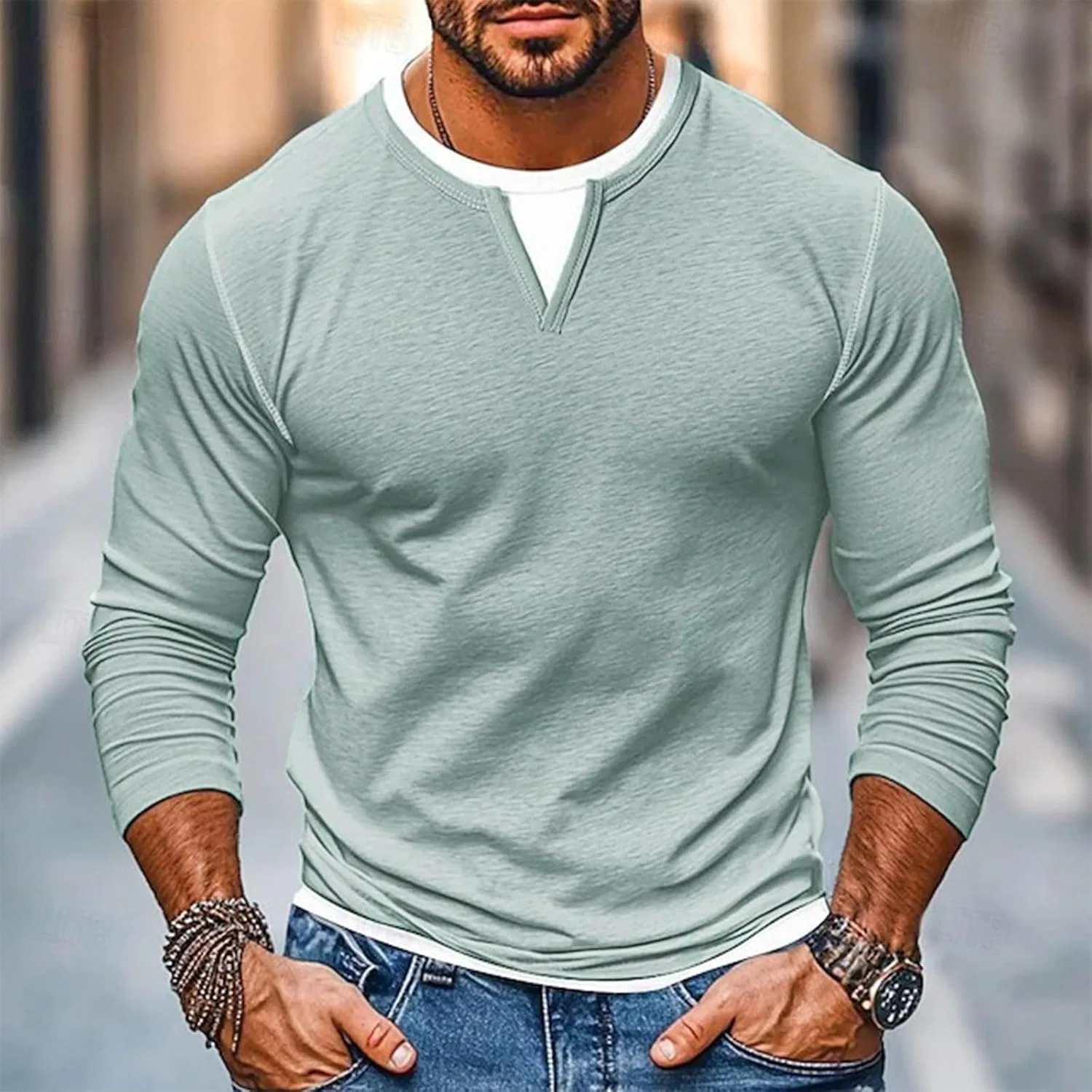Мужская футболка с длинным рукавом хлопковая Casual, Green — фото 2
