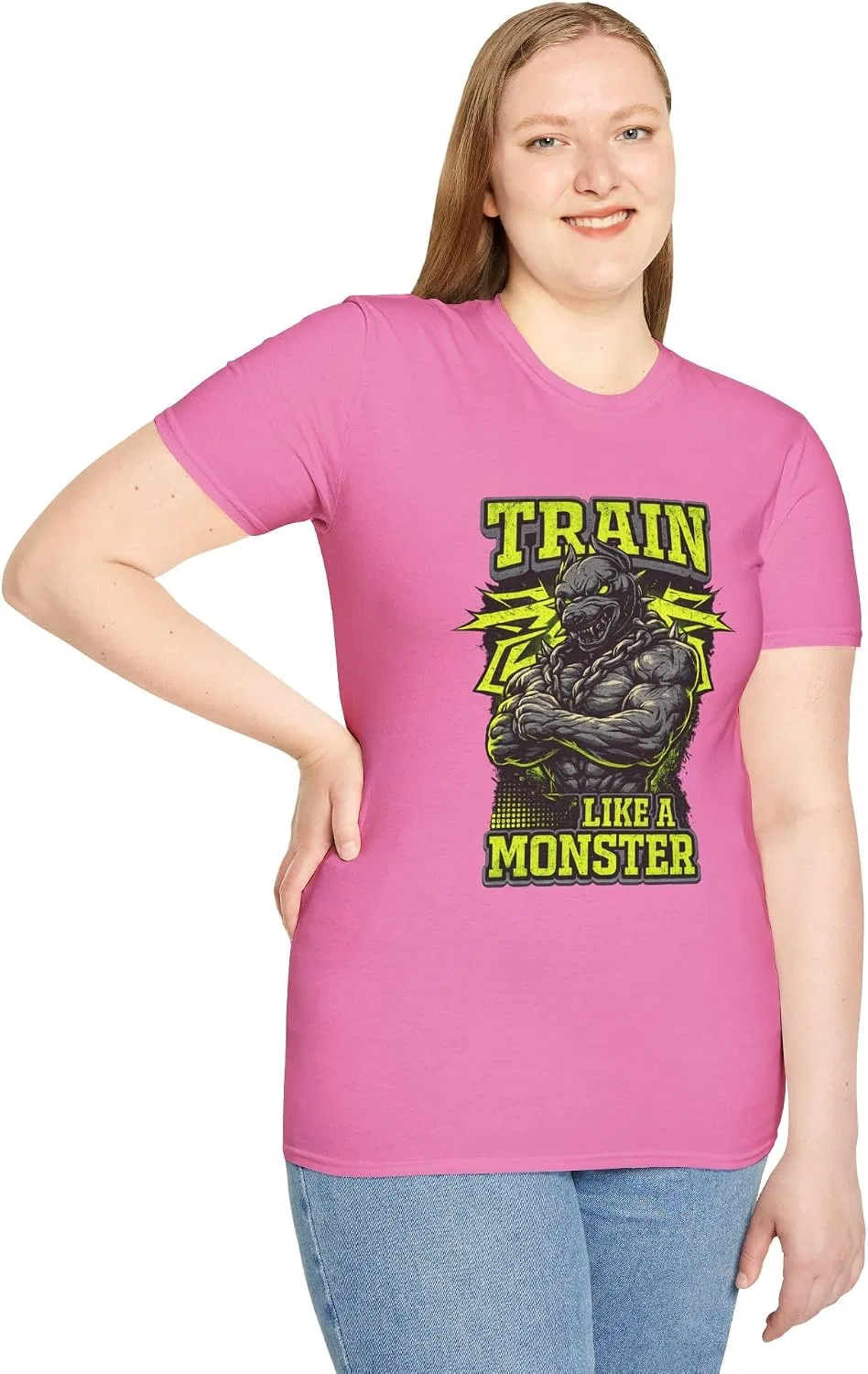 Женская футболка с принтом Train Like a Monster Gildan 64000, Azalea — фото 2