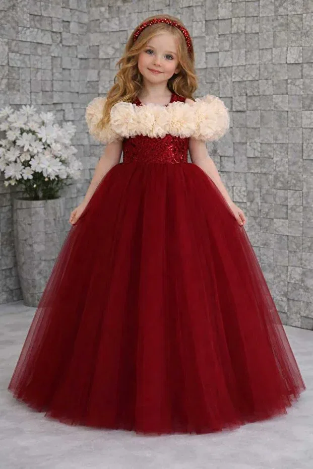 Детское платье для девочек без рукавов Tutu rose decorated long skirted evening dress Boztaş Bebe, Burgundy