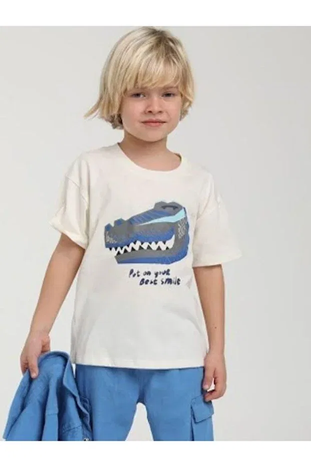 Детская футболка для мальчиков с принтом Boy'S Cotton Dinosaur Printed T-Shirt Zekids, Ecru — фото 4