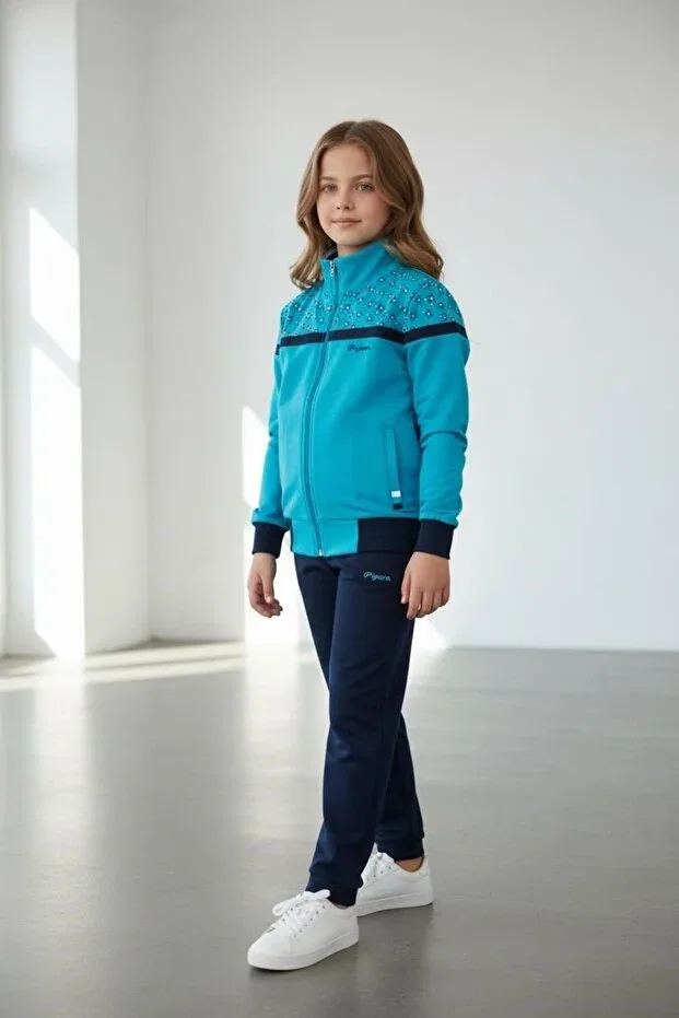 Детский спортивный комплект для девочек на молнии с принтом Sportswear Piyera, Turquoise — фото 2