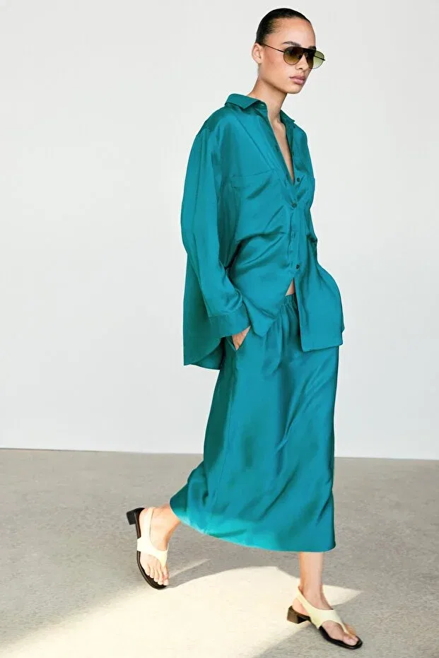 Женская рубашка из сатина с длинным рукавом Massimo Dutti, Blue And Green — фото 2