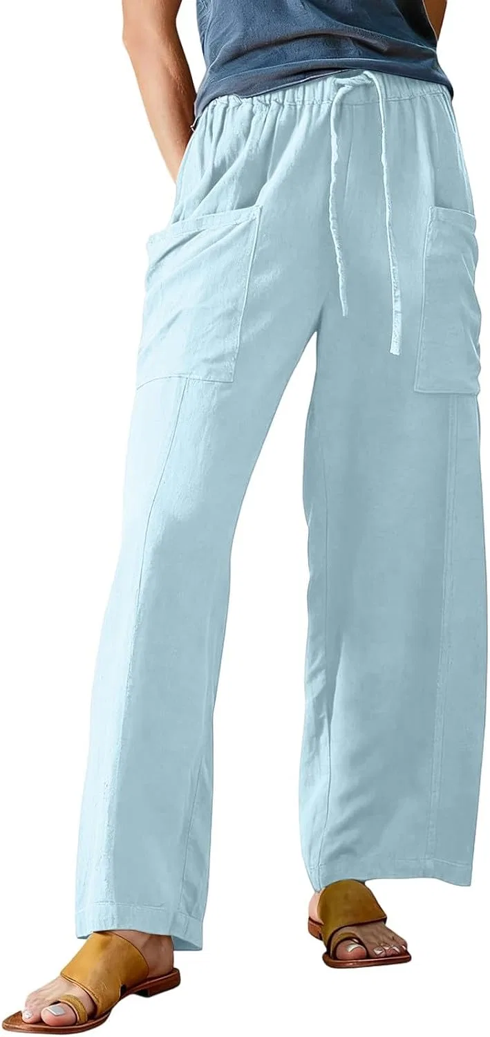 Женские широкие льняные брюки с завязкой, Light Blue