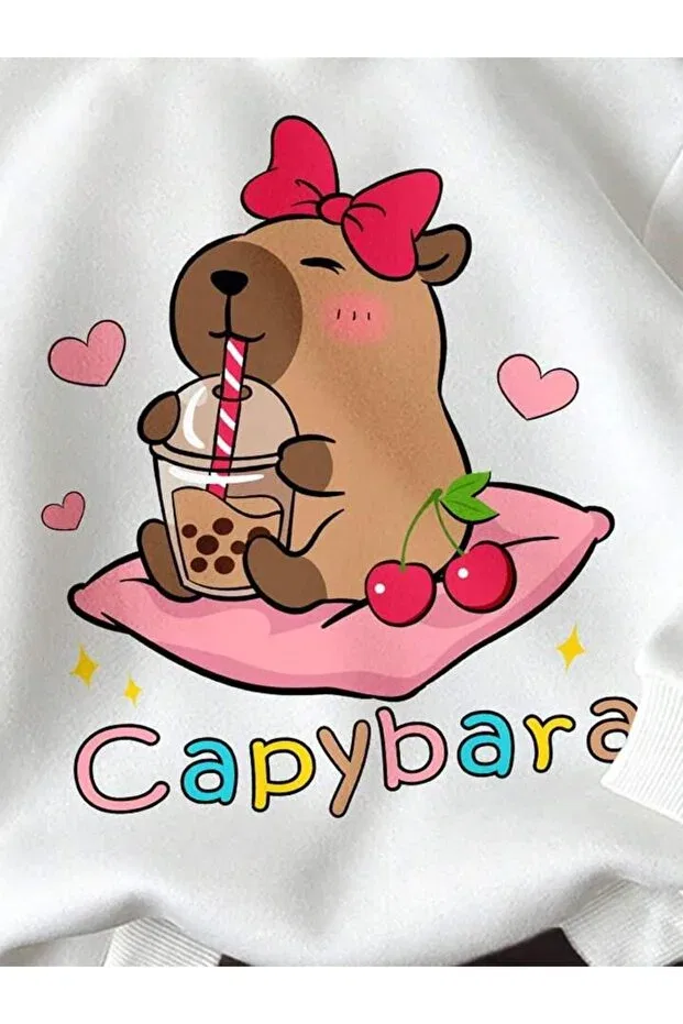 Детское худи для девочек с принтом Cherry Capybara Morning Kids, White — фото 3