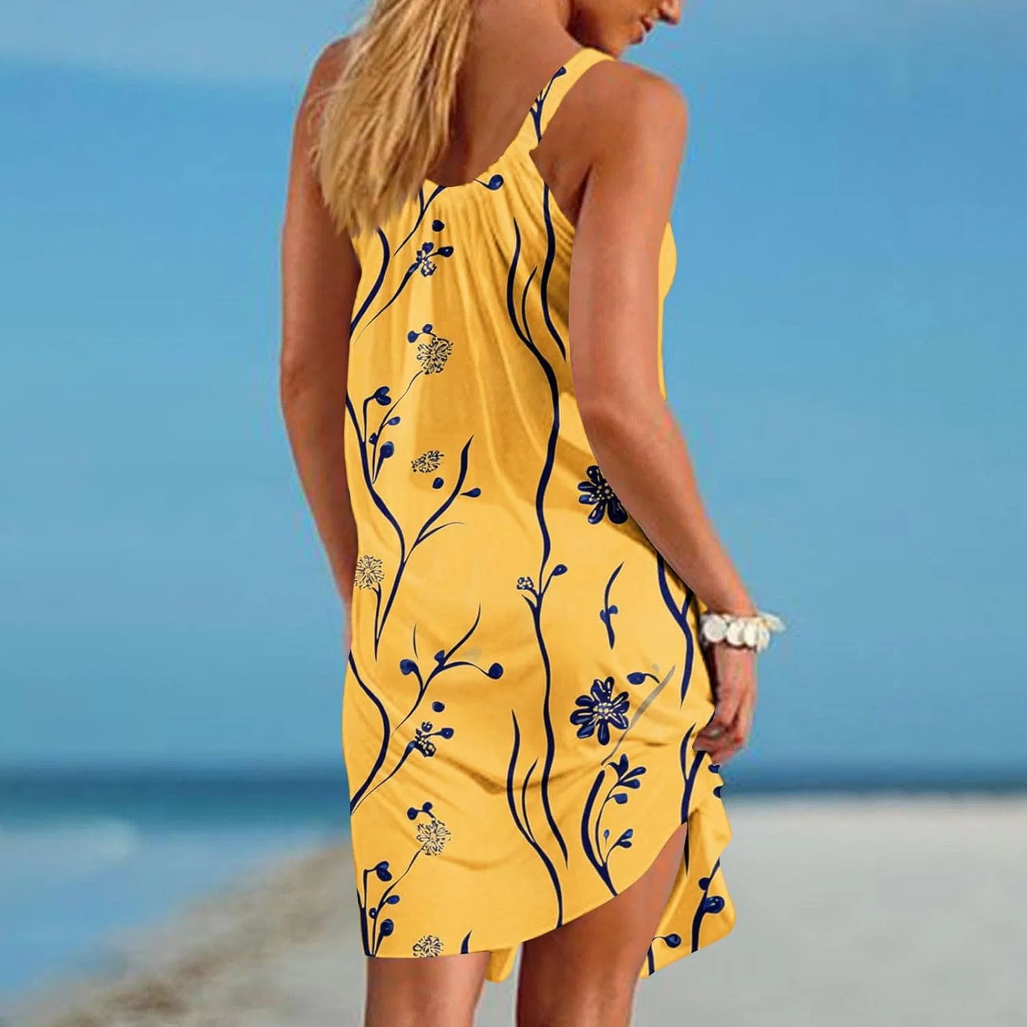 Женское летнее мини-платье с V-образным вырезом Boho, Yellow — фото 3