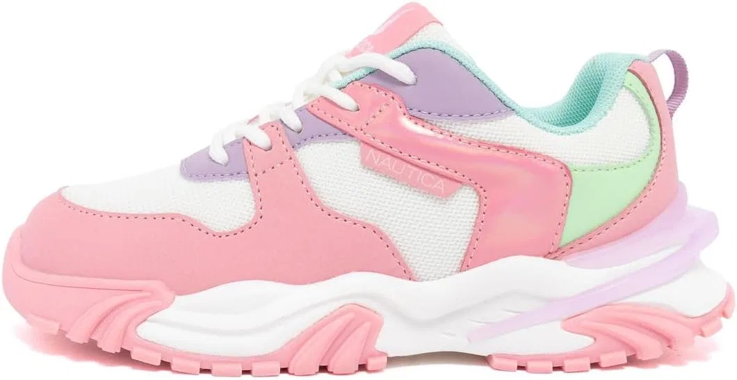 Детские кроссовки для девочек со шнуровкой и блестящими принтами Nautica, White Pink Teal — фото 2