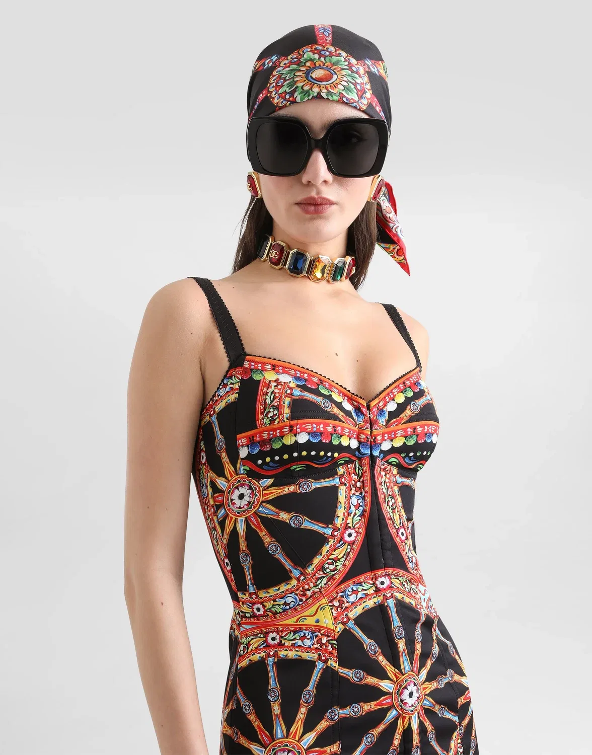 Короткое платье из крепдешина с принтом Carretto DOLCE & GABBANA, бежевый — фото 4