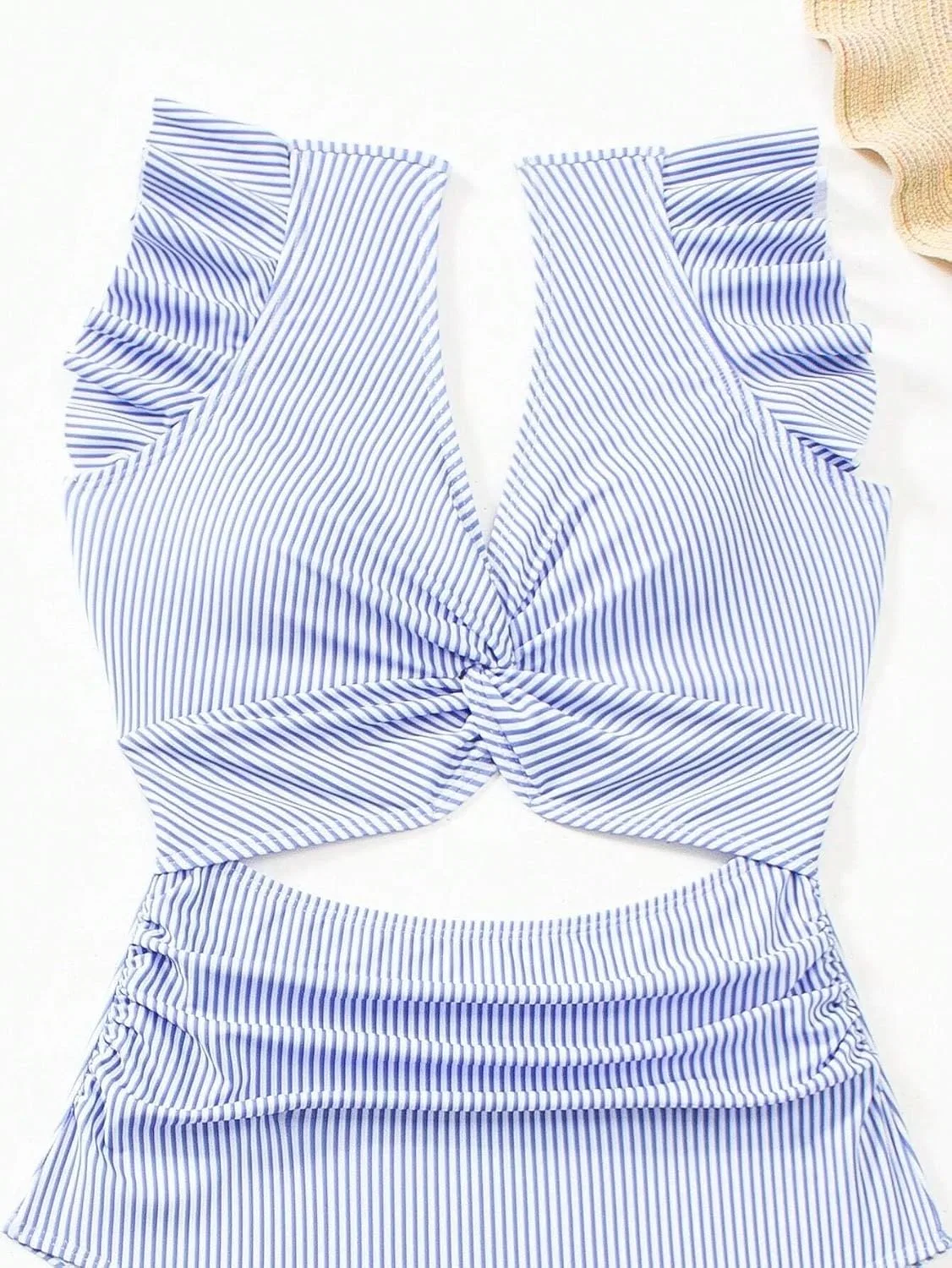 Женский слитный купальник с вырезами и воланами Striped Cutout, Blue and White — фото 3