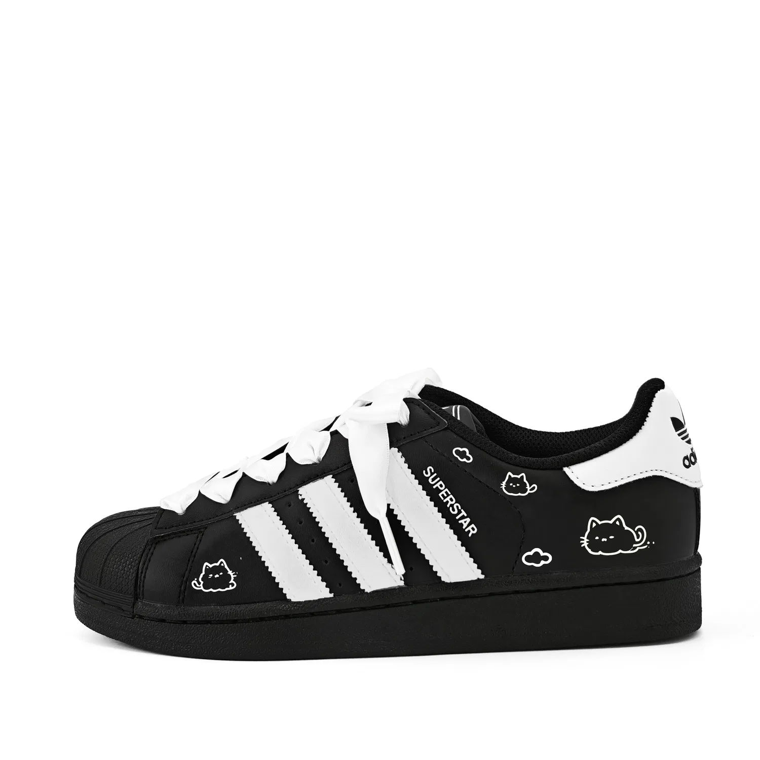 Детские кеды из кожи с принтом кота Superstar 2 Adidas Originals, Black & White — фото 3