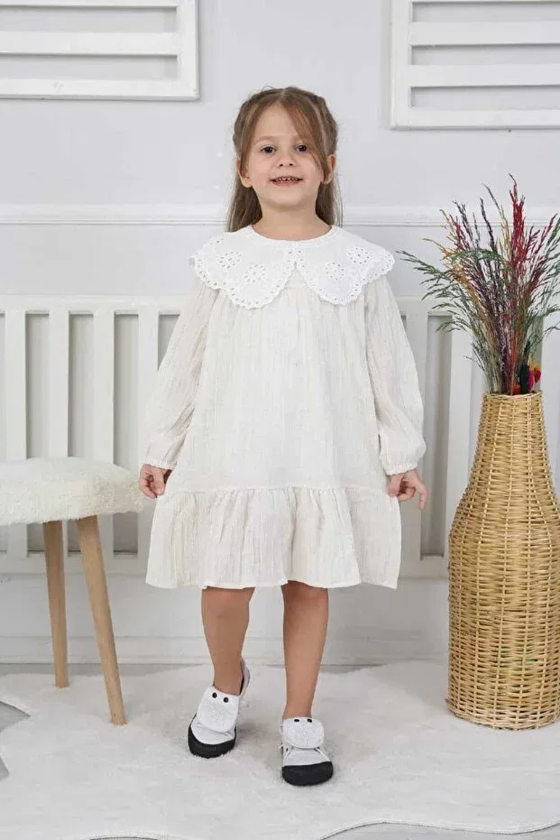 Детское платье для девочек хлопковое Basics Girl'S collar lace detailed dress Canan Çakmak, White — фото 3